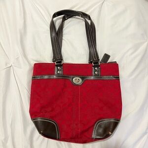 coach- Red Tote Bag with Dark Brown Trim - Women Bags